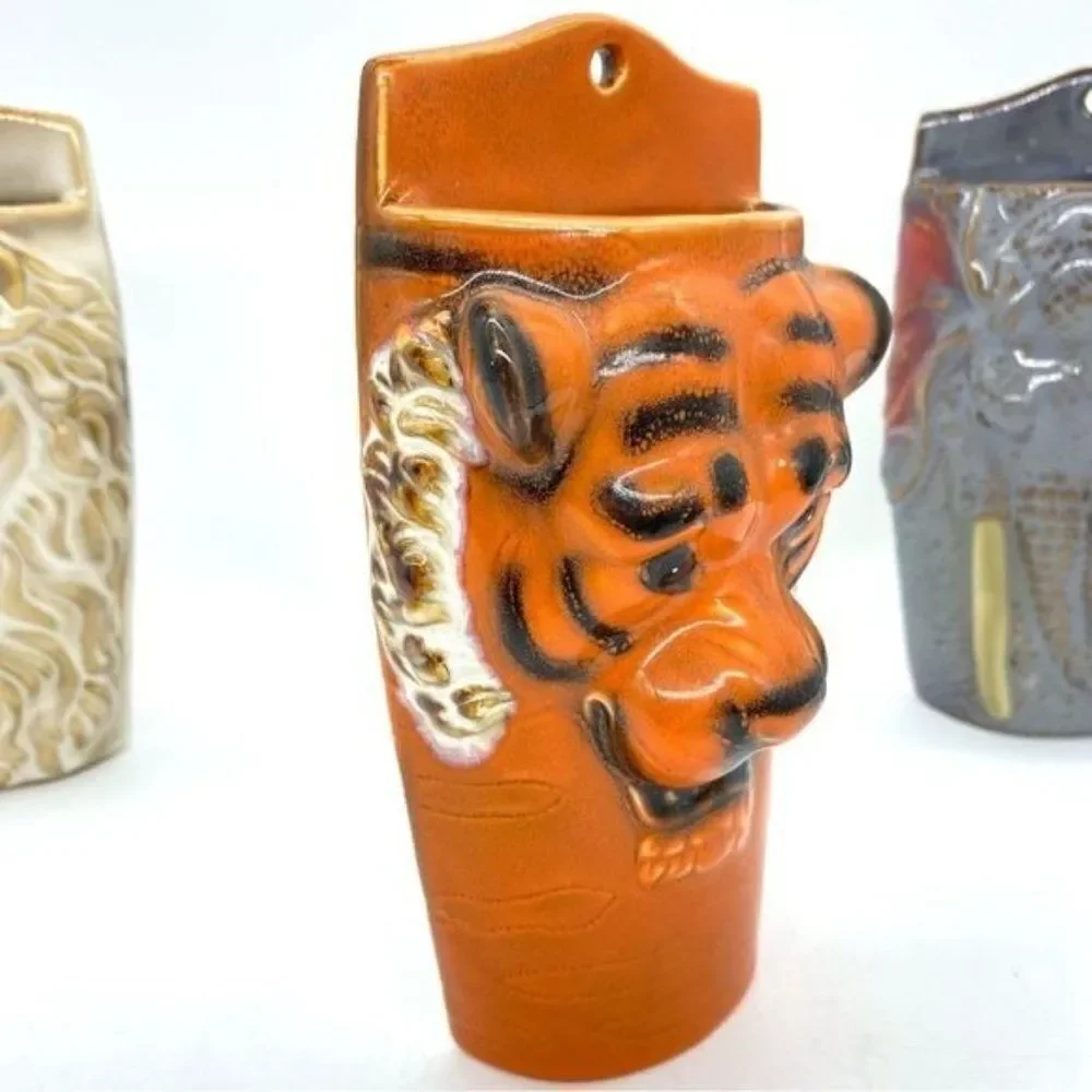Safari Animals Tiger, Lion and Elephant Head Wall Pocket Vases